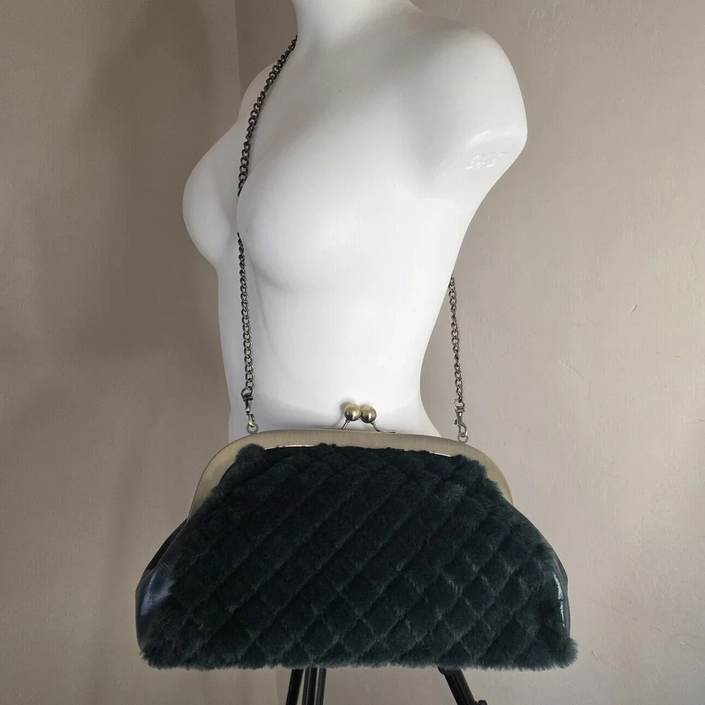 Patricia Nash Gisele Green Leather & Faux Fur Clutch Crossbody Frame Purse NWOT‎